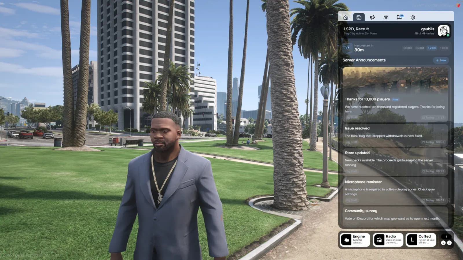 Server announcements and restart schedule inside JGS Pause Menu